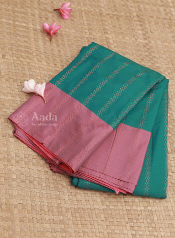 Teal green & blush pink contrast blended silk saree