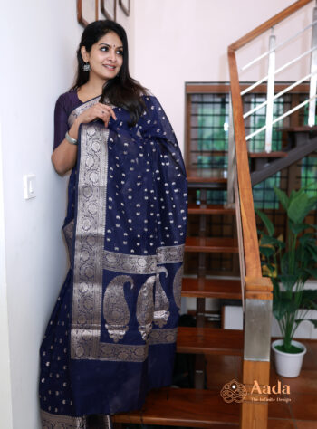 Navy Blue Blended Cotton Saree with Silver Woven Border