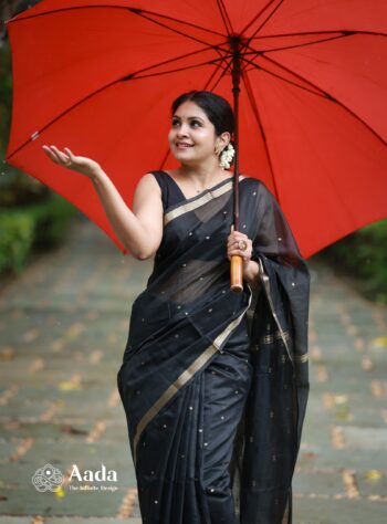 Elegant Black Semi Chanderi Saree with Golden Border